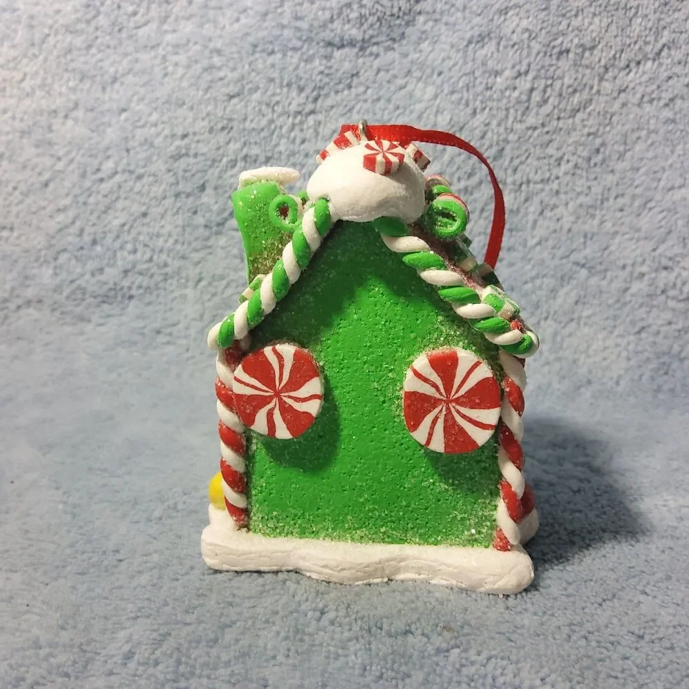 Green Gingerbread House Christmas Ornament Peppermint Candy Cane Clay Dough 3.25